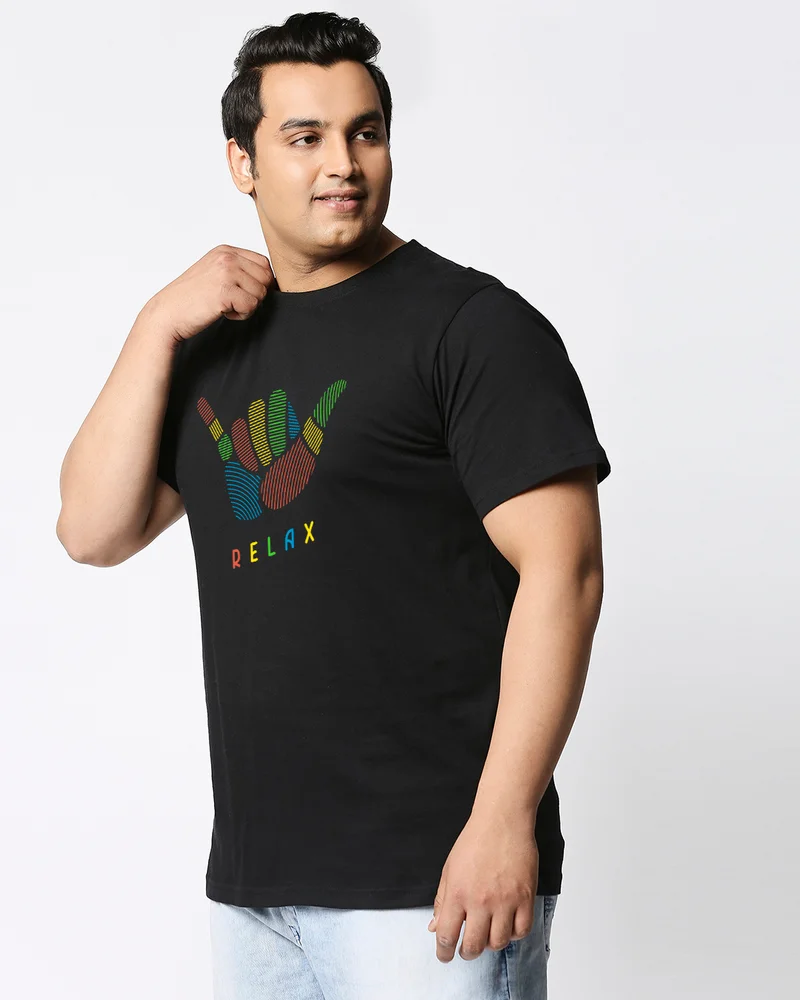 bewakoof Men's Black Hang Loose Relax Graphic Printed Plus Size T-shirt