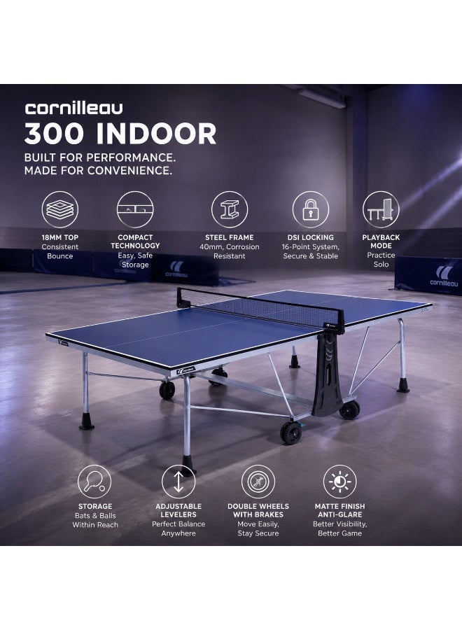 Cornilleau 300 Indoor Foldable Table Tennis Table 18mm High-Density Playing Surface | Compact Folding Ping Pong Table with Playback Mode, DSI 16-Point Safety Lock, Steel Frame, Anti-Glare Blue Top, Wheels & Bat Ball Storage - Image 5