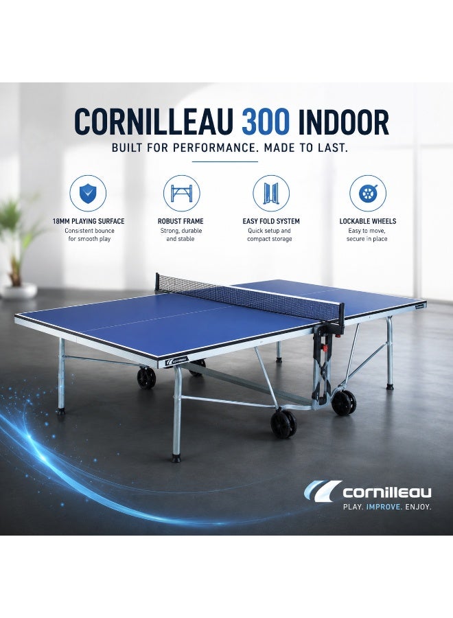 Cornilleau 300 Indoor Foldable Table Tennis Table 18mm High-Density Playing Surface | Compact Folding Ping Pong Table with Playback Mode, DSI 16-Point Safety Lock, Steel Frame, Anti-Glare Blue Top, Wheels & Bat Ball Storage - Image 2