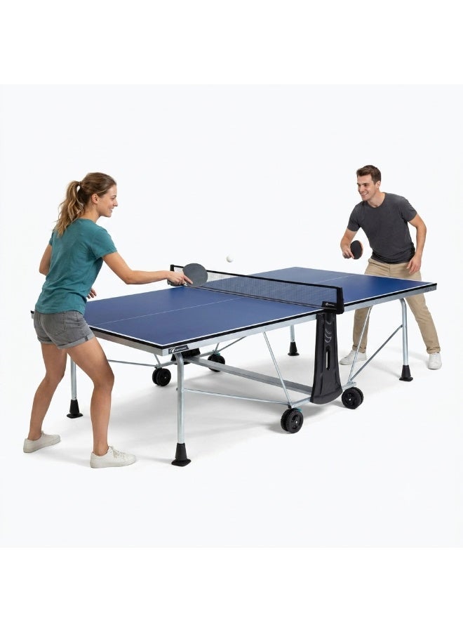 Cornilleau 300 Indoor Foldable Table Tennis Table 18mm High-Density Playing Surface | Compact Folding Ping Pong Table with Playback Mode, DSI 16-Point Safety Lock, Steel Frame, Anti-Glare Blue Top, Wheels & Bat Ball Storage - Image 1