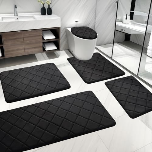 YIHOUSE Bathroom Rug Set 5 Piece, Soft Non Slip Memory Foam Bathroom Rugs, Machine Wash Bath Room Mat Set, Water Absorbent Bath Rugs for Toilet and Floor (Black) - Image 1