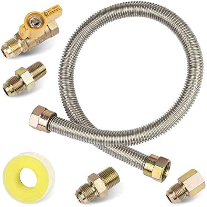 F271239 GAS APPLIANCE HOOK UP KIT, 22" PROPANE HEATER HOOK UP KIT WITH 1/2'' ON/OFF VALVE & 3 DIFFERENT COUPLINGS FOR GARAGE HEATERS, GAS STOVES, WALL MOUNTED HEATERS, GAS FIREPLACE & GAS DRYER - Image 1