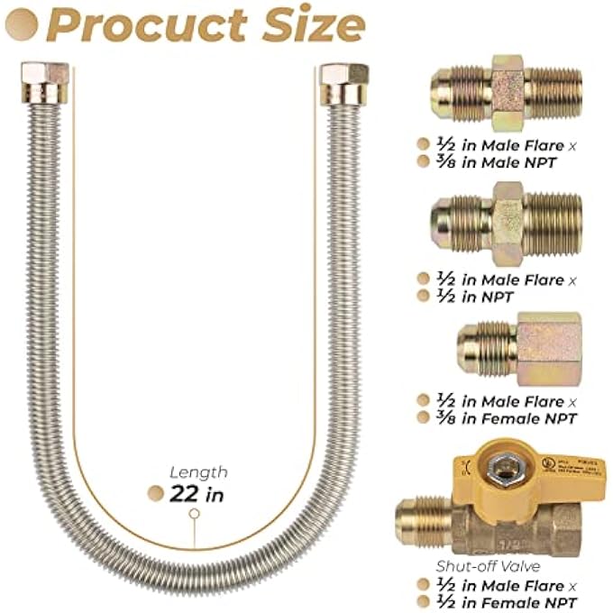 F271239 GAS APPLIANCE HOOK UP KIT, 22" PROPANE HEATER HOOK UP KIT WITH 1/2'' ON/OFF VALVE & 3 DIFFERENT COUPLINGS FOR GARAGE HEATERS, GAS STOVES, WALL MOUNTED HEATERS, GAS FIREPLACE & GAS DRYER - Image 3