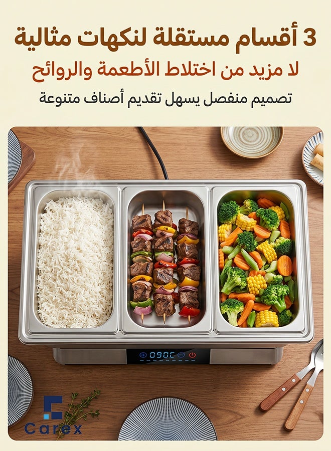 careX 3 Compartment OLED Touch Control Electric Chafing Dish, Rectangular Food-Grade Stainless Steel Buffet Food Warmer, for Commercial Catering Hotels Restaurants - Image 3
