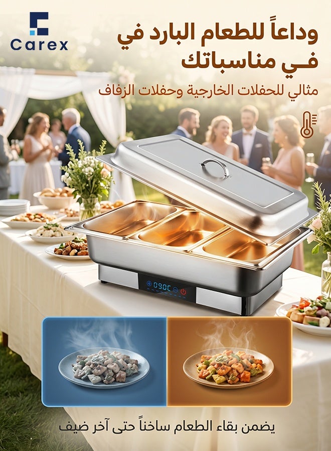 careX 3 Compartment OLED Touch Control Electric Chafing Dish, Rectangular Food-Grade Stainless Steel Buffet Food Warmer, for Commercial Catering Hotels Restaurants - Image 2