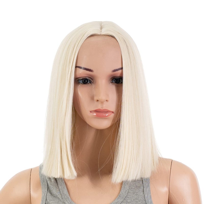 SWACC 12 Inch Short Length Straight Middle Part Hair Wig Synthetic Heat Resistant Wigs for Women with Wig Cap (Platinum Blonde)