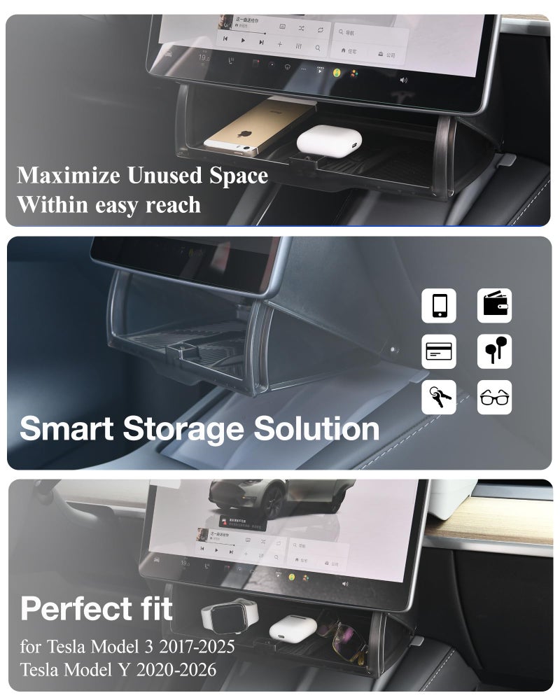 Heryvii Tesla Hidden Under Screen Storage Box [One-tap Open & Smooth Damping Slides] Center Console Organizer for Model Y Juniper Model 3 Highland 2026~2016 (Fit New Model Y/3 Standard, Premium & Performance - Image 2