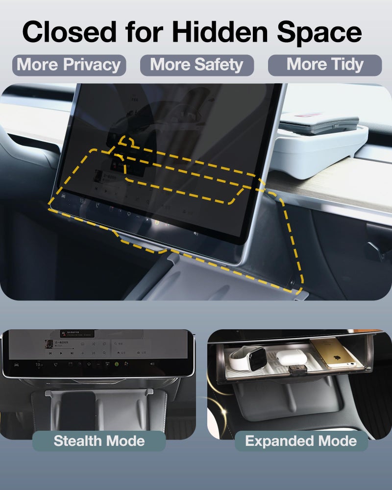 Heryvii Tesla Hidden Under Screen Storage Box [One-tap Open & Smooth Damping Slides] Center Console Organizer for Model Y Juniper Model 3 Highland 2026~2016 (Fit New Model Y/3 Standard, Premium & Performance - Image 4