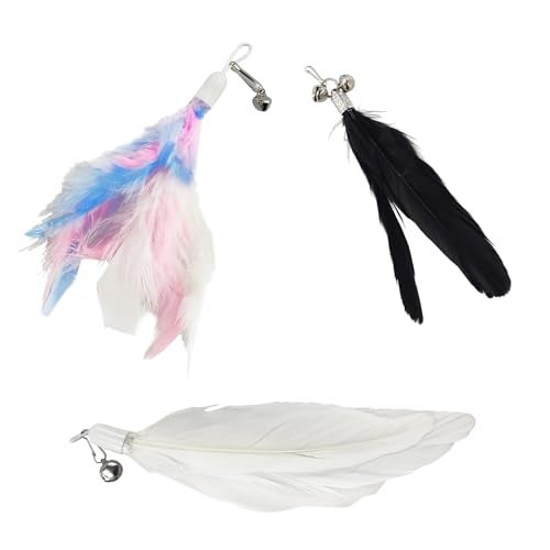 BOROLA 3 PCS Cat Feather Teaser Replacement Heads Cats Wand Replacement Feathers with Bell Interactive Cat Toy Attachments for Indoor Cats DIY Cat AccessoriesWhite Black MultiColored - Image 1