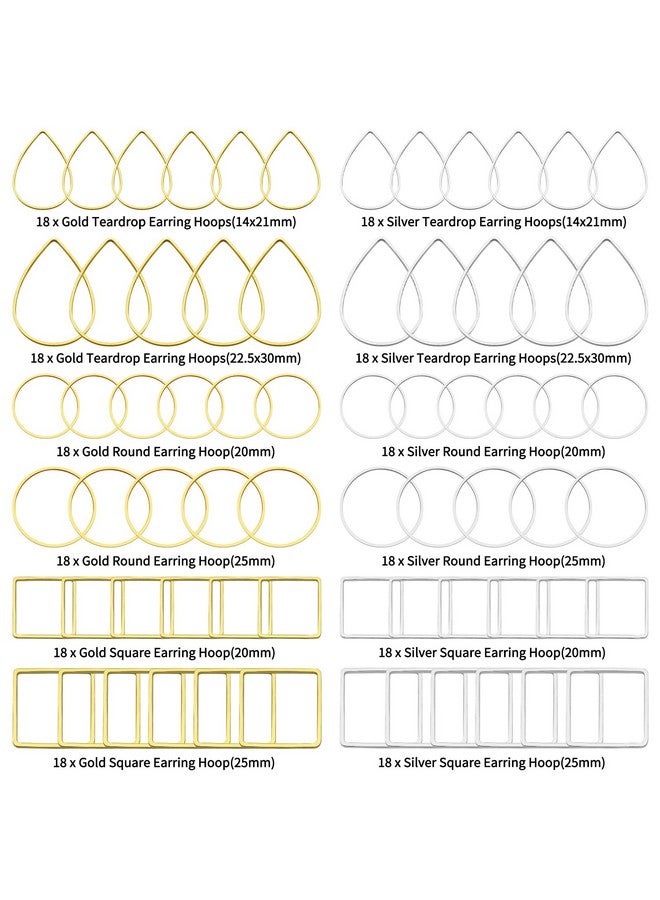 Oubaka 216pcs Beading Hoop Earrings 3 Shapes Earring Hoops Hypoallergenic Earring Finding Square Teardrop Round Earrings Beading Hoop Bulk for DIY Earrings Making Supplies(Gold&Silver) - Image 2