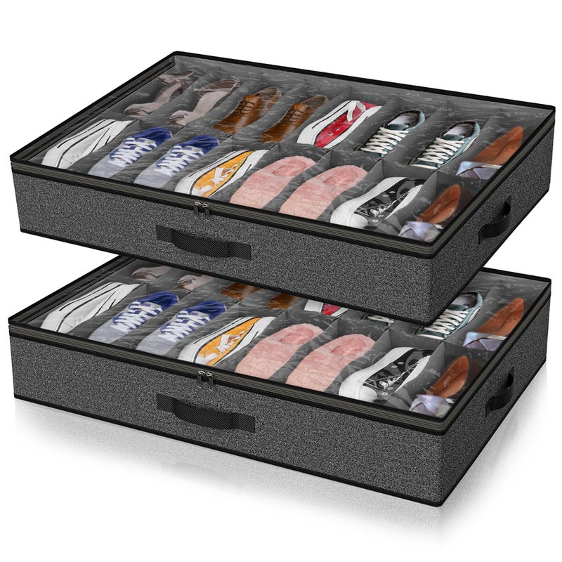 2 Pack Under Bed Shoe Storage Organizer for Closet Fits Total 32 Pairs Foldable Underbed Shoes Containers Boxes Under the Bed Storage Bedding with Sturdy HandlesClear Window for College Dorms Grey