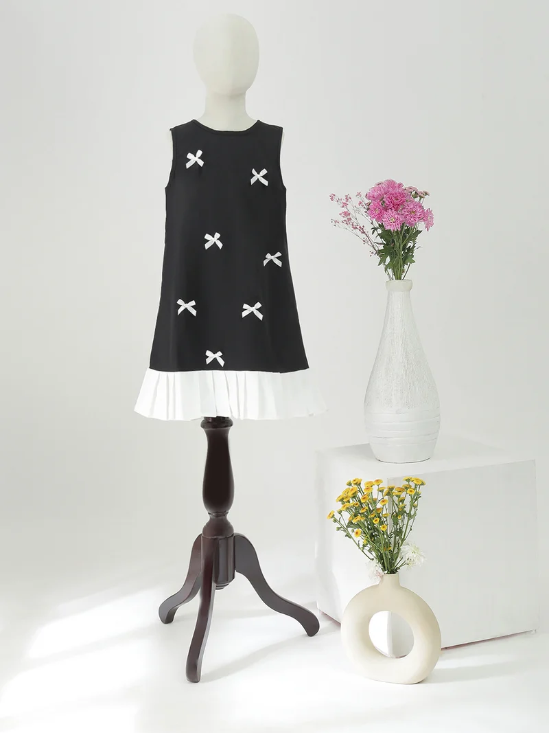 globus Globus Girls Black Round Neck Pleated & Bow Detail Flared Hem A-line Party Mini Dress