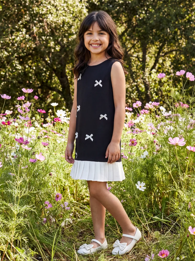 globus Globus Girls Black Round Neck Pleated & Bow Detail Flared Hem A-line Party Mini Dress
