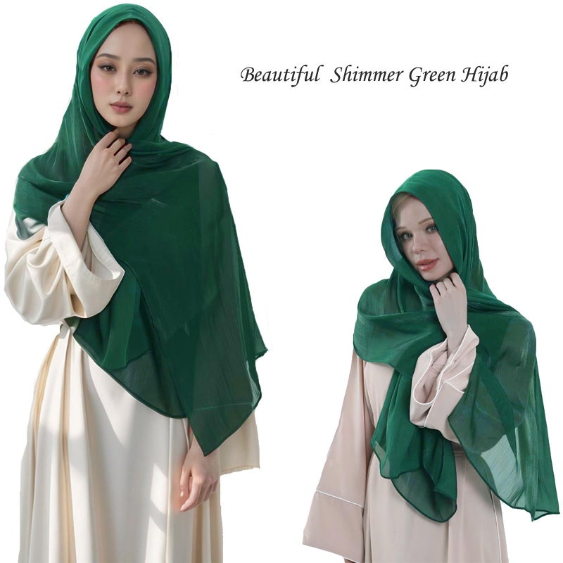 HURESON Premium Hijab Scarf for Women Green Shimmer Hijabs Crepe Lightweight Scarves Wedding Shawls and Wraps for Evening Dresses Shiny (Green 2#) - Image 2