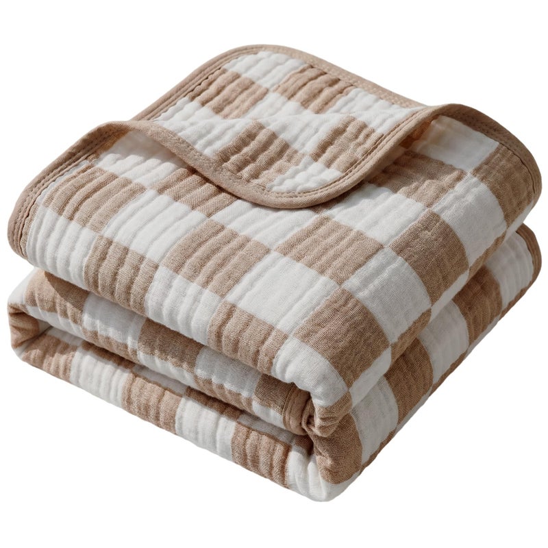 HardNok 6-Layer Muslin Toddler Blanket - Made with Organic Cotton, Large 50x60 Crib Quilt & Bedding for Kids & Moms (Coffee Checkered) - Image 1