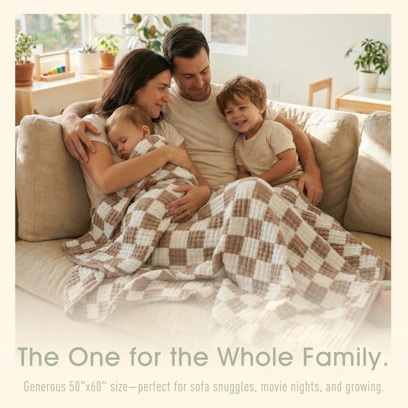 HardNok 6-Layer Muslin Toddler Blanket - Made with Organic Cotton, Large 50x60 Crib Quilt & Bedding for Kids & Moms (Coffee Checkered) - Image 2