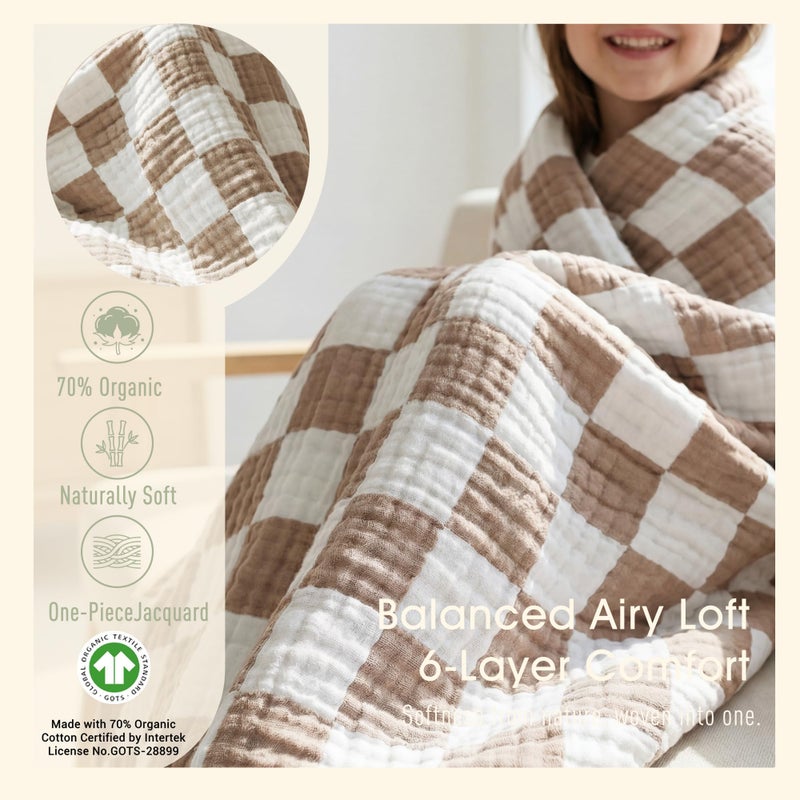 HardNok 6-Layer Muslin Toddler Blanket - Made with Organic Cotton, Large 50x60 Crib Quilt & Bedding for Kids & Moms (Coffee Checkered) - Image 3