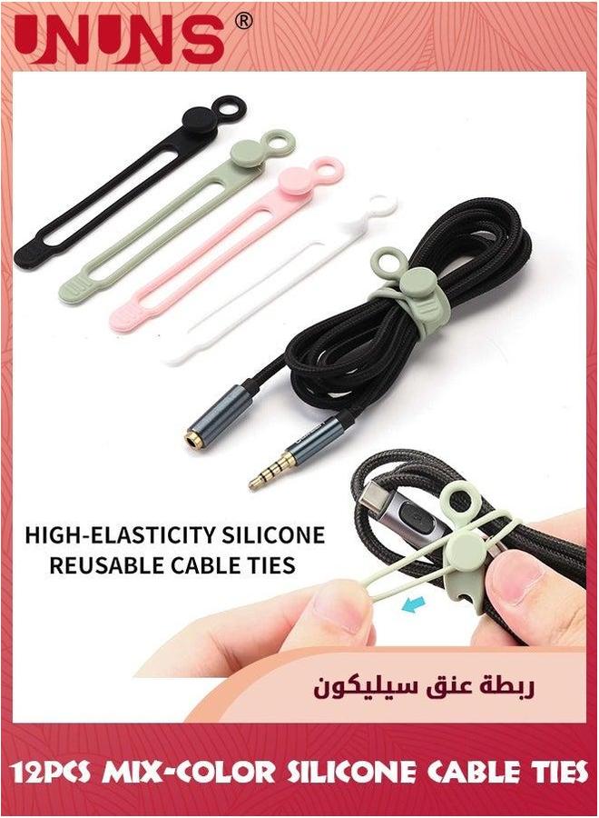 UNUNS 12Pcs Silicone Cable Ties,Reusable Organize For Earphone, Phone Charger, Mouse, Audio, Computer,Multipurpose Elastic Ties Straps Home Office Kitchen School-4 Colors - Image 4