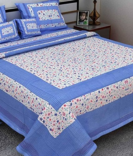 ART WORLD Queen Size Double Bed Sheet with Pillow Covers Pure Cotton Rajasthani Jaipuri Traditional Printed Bedcover (Blue, Queen) - Image 5