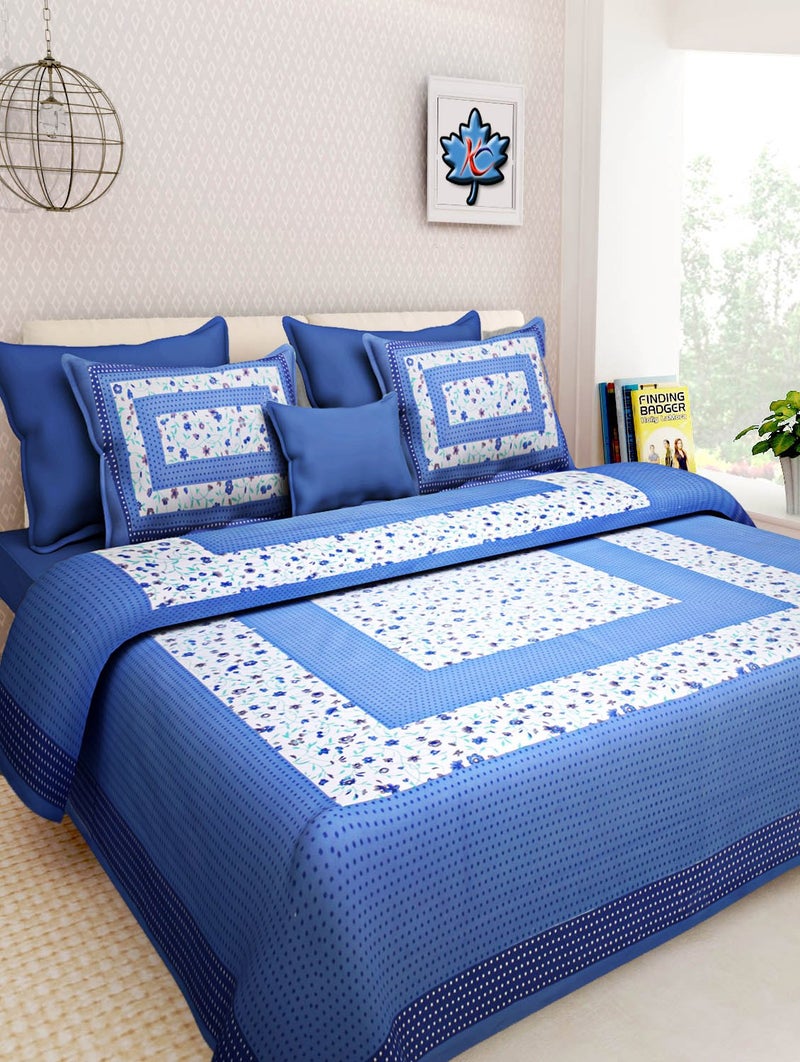 ART WORLD Queen Size Double Bed Sheet with Pillow Covers Pure Cotton Rajasthani Jaipuri Traditional Printed Bedcover (Blue, Queen) - Image 1