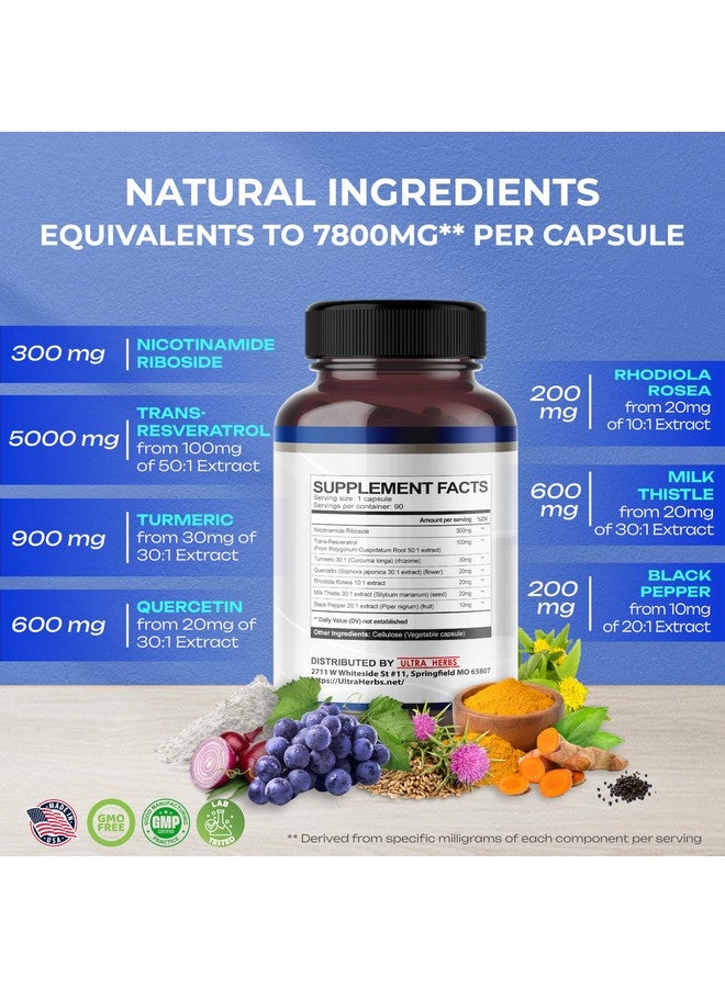 NAD+ Supplement 14,300mg with Nicotinamide Riboside NR, Trans Resveratrol, Quercetin - Support Cellular Energy, Longevity, Healthy Aging *USA made & tested* (90 Count (Pack of 1))