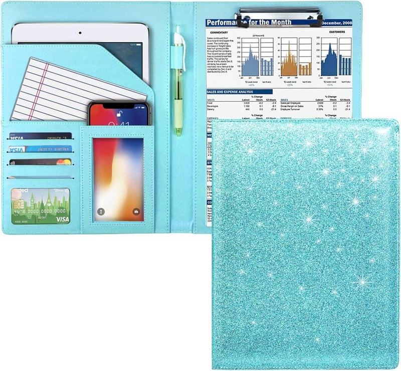 WAVEYU Glitter Portfolio Case for Women, Padfolio Cover for Women, Conference/Resume/Legal Document Organizer with Letter/A4 Size Clipboard Hardboard, Business Card Holders, Blue+Green - Image 1