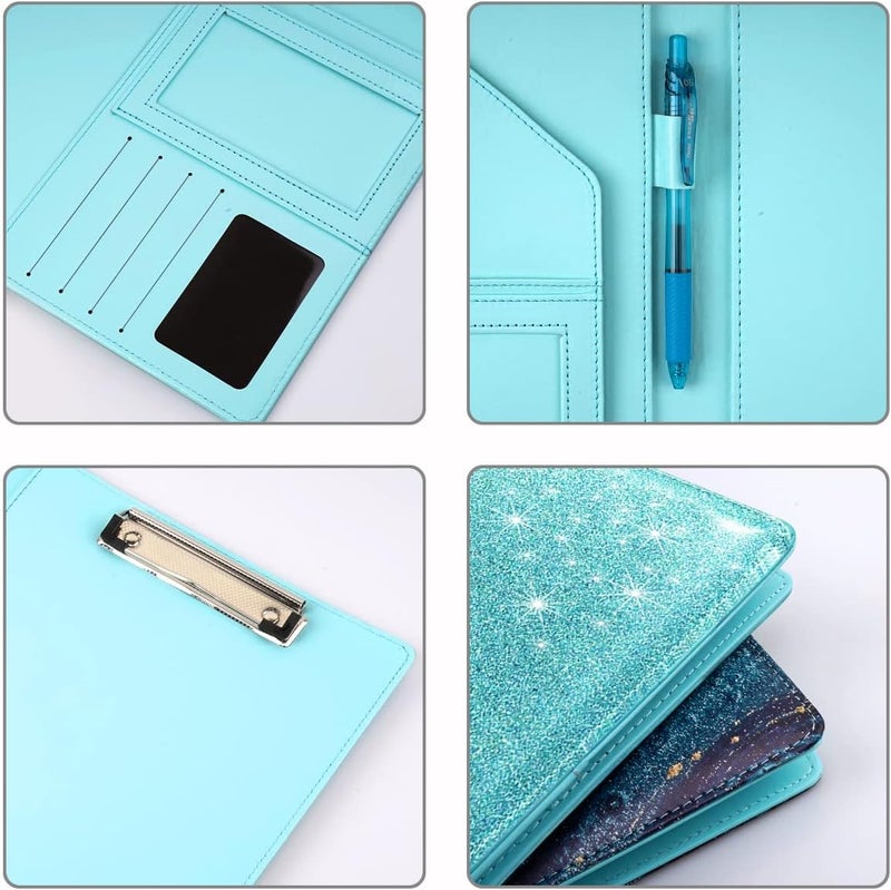 WAVEYU Glitter Portfolio Case for Women, Padfolio Cover for Women, Conference/Resume/Legal Document Organizer with Letter/A4 Size Clipboard Hardboard, Business Card Holders, Blue+Green - Image 3