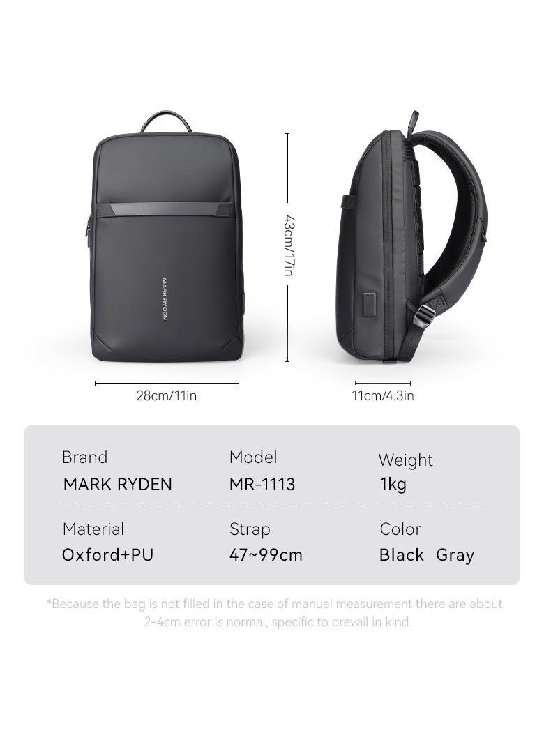 مارك رايدن حقيبة ظهر لاب توب مارك رايدن  رمادي مقاومة للماء . بوصة للأعمال مع منفذ شحن  وسحاب  وجيب خلفي مضاد للسرقة من مادة أكسفورد  سلسلة المسافرين للعمل والسفر - Image 3