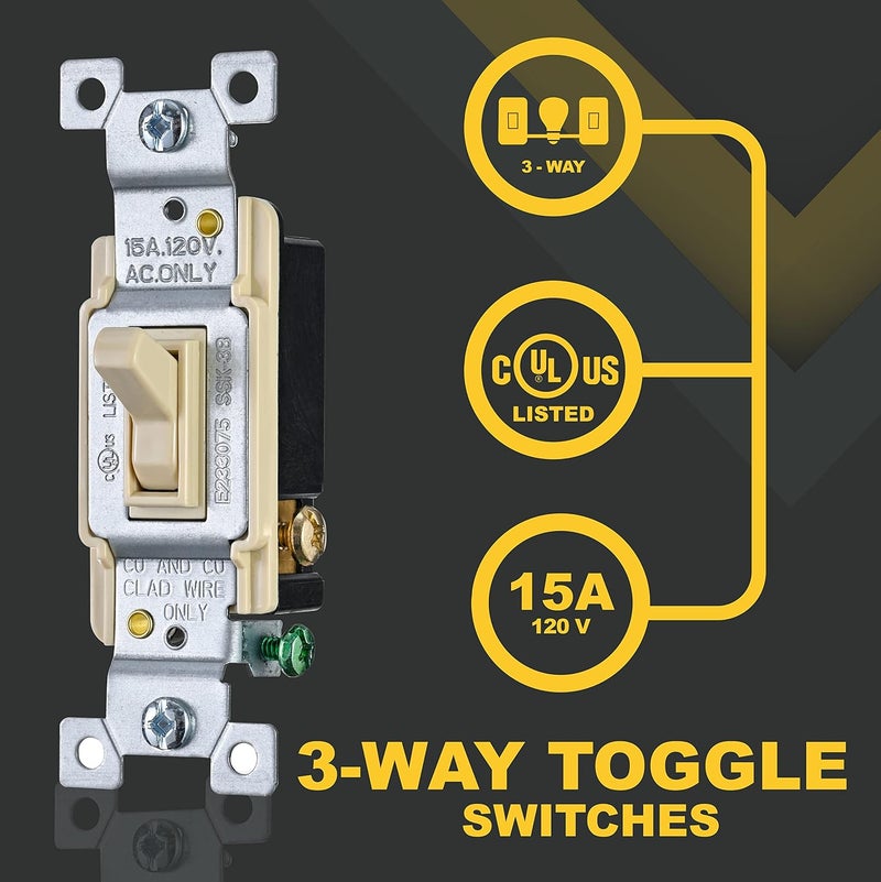 Faith Faith Ivory 3Way Toggle Light Switch 10Pack  3Way Standard Wall Switch for Lights  120V 15 Amp Toggle Switch with Grounding Screw  - Image 4