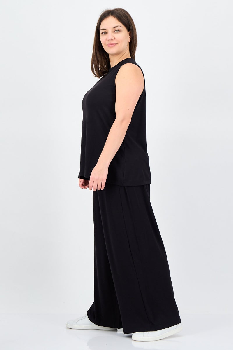 ANNE KLEIN Women 2 Pieces Crew Neck Sleeveless Ribbed Top And Palazzo Pants Set, Black - Image 3