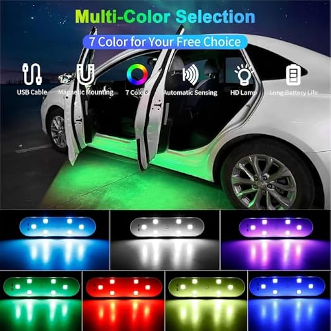 KASTWAVE Car Door Lights Led 7 Color Projector Lights Magnetic Sensing Welcome Door Sill Courtesy Projection Rechargeable Usb Wireless Car Interior Atmosphere Warning Lamps 4Pcs - Image 2