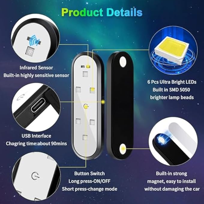 KASTWAVE Car Door Lights Led 7 Color Projector Lights Magnetic Sensing Welcome Door Sill Courtesy Projection Rechargeable Usb Wireless Car Interior Atmosphere Warning Lamps 4Pcs - Image 5