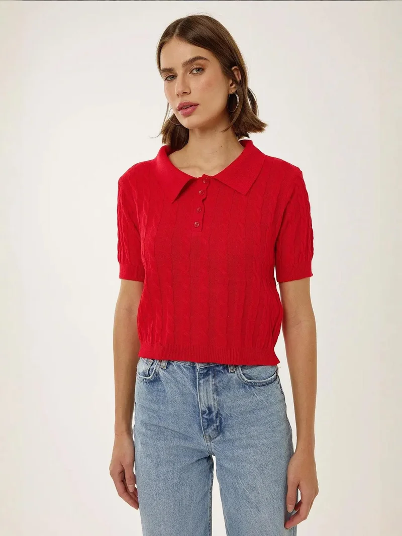 Shirt Collar Knit Top with Hair Braid Pattern