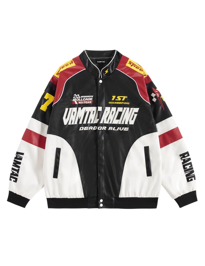 Vamtac Mens Racing Jackets Oversized Vintage Leather Bomber Jacket Baseball Racer Varsity Coats Streetwear - Image 2