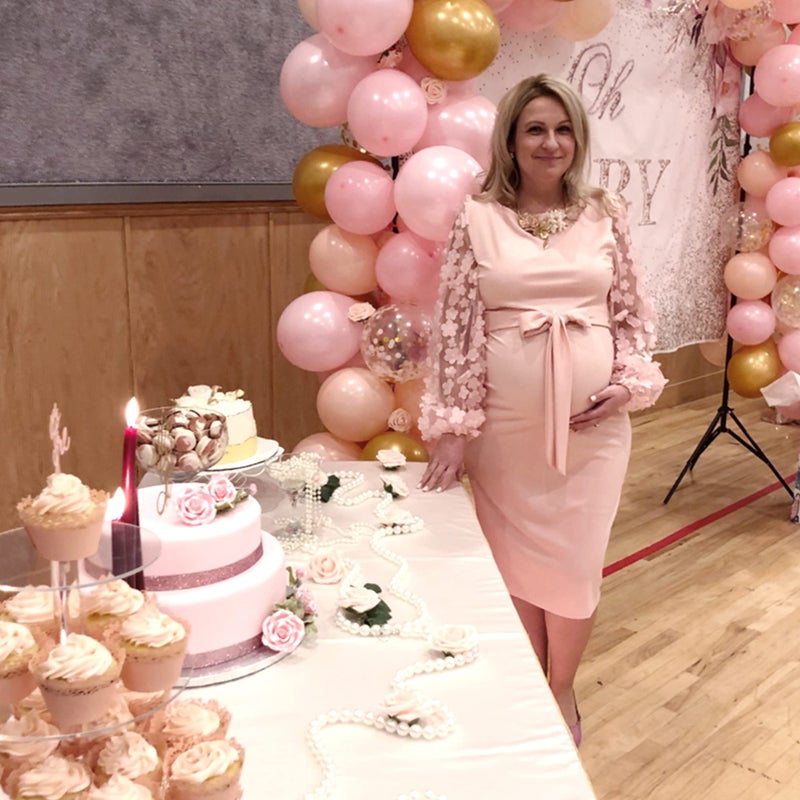 LAHILO Floral Mesh Bishop Long Sleeve Maternity Midi Dress, Fall Maternity Bodycon Dress for Baby Shower Pink - Image 3