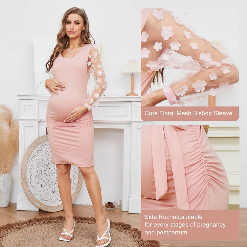 LAHILO Floral Mesh Bishop Long Sleeve Maternity Midi Dress, Fall Maternity Bodycon Dress for Baby Shower Pink - Image 5
