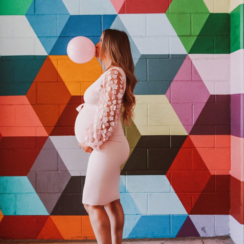 LAHILO Floral Mesh Bishop Long Sleeve Maternity Midi Dress, Fall Maternity Bodycon Dress for Baby Shower Pink - Image 4