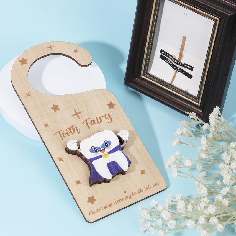 XIHIRCD Tooth Door Hanger with Money Holder Wooden Tooth Door Holder Tooth Keepsake Box Cute 3D Lost Teeth Pickup Box for Kids Room Decor Encourage GiftDark Blue - Image 2