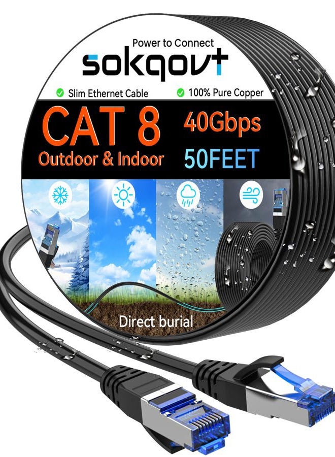 Sokqovt Cat 8 Ethernet Cable Slim 50ft Outdoor&Indoor, Pure Copper Cat8 Internet Cable for Waterproof & Direct Burial, Flexible Cat8 Ethernet Cable 40G 2000MHZ, Cat 8 Network Cable for Indoor Black - Image 1