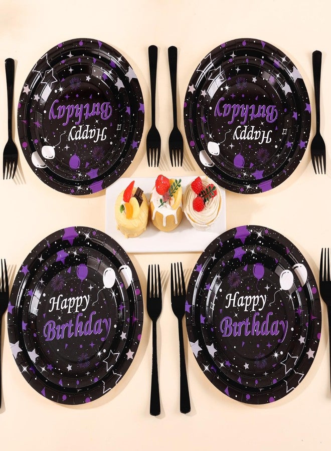 Cheery Land Purple Birthday Plates and Napkins set - Elegant Black Purple Happy Birthday Party Supplies Serve 25 Guests Happy Birthday Decorations for Women - Image 4