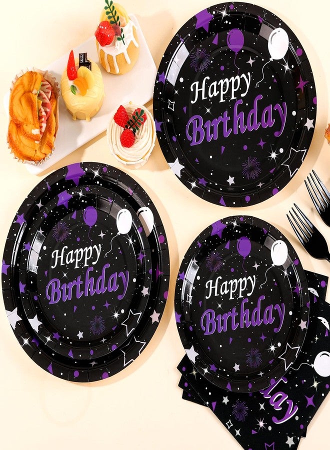 Cheery Land Purple Birthday Plates and Napkins set - Elegant Black Purple Happy Birthday Party Supplies Serve 25 Guests Happy Birthday Decorations for Women - Image 2