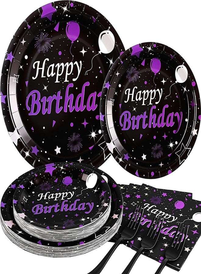 Cheery Land Purple Birthday Plates and Napkins set - Elegant Black Purple Happy Birthday Party Supplies Serve 25 Guests Happy Birthday Decorations for Women - Image 1