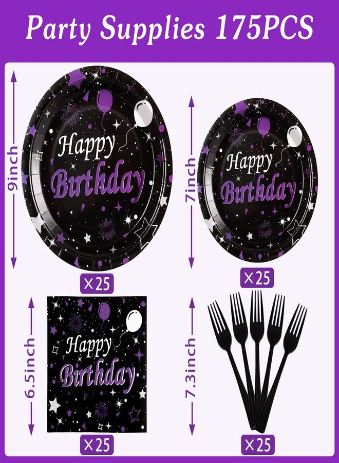 Cheery Land Purple Birthday Plates and Napkins set - Elegant Black Purple Happy Birthday Party Supplies Serve 25 Guests Happy Birthday Decorations for Women - Image 3