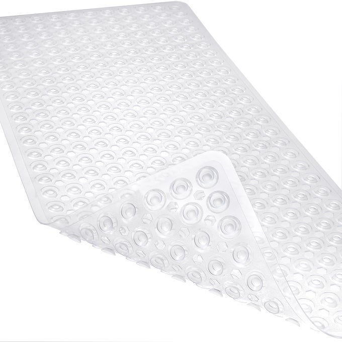 NONSLIP BATHTUB AND SHOWER MATS POWER GRIP BATH MAT 35 X 163 INCH WITH SUCTION CUPS AND DRAIN HOLES FOR TUB BATHROOM FLOOR SAFETY MACHINE WASHABLE SOFT BATHMAT CLEAR