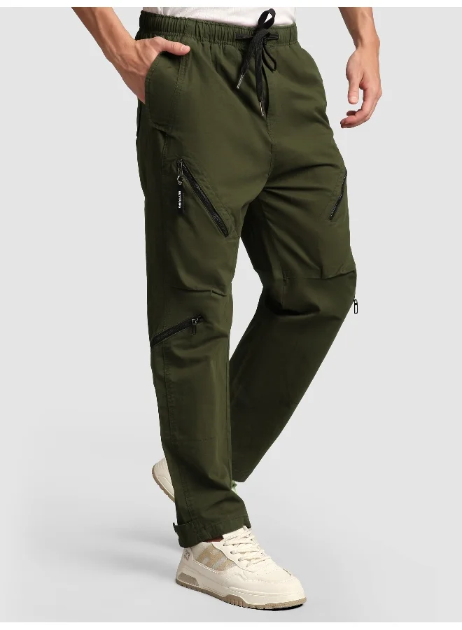 بيونغ بنطلون كارغو زيتوني بجيوب متعددة وسحاب