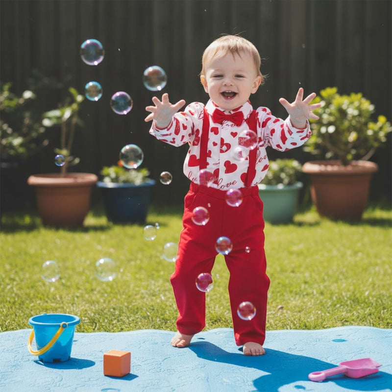 Rourufy Toddler Baby Boy Valentines Outfit Boys Gentleman Heart Shirt Overalls Pants Set Kids Cute Spring Summer Clothes (B Heart White, 4-5T) - Image 2