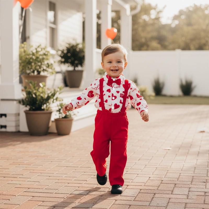 Rourufy Toddler Baby Boy Valentines Outfit Boys Gentleman Heart Shirt Overalls Pants Set Kids Cute Spring Summer Clothes (B Heart White, 4-5T) - Image 4