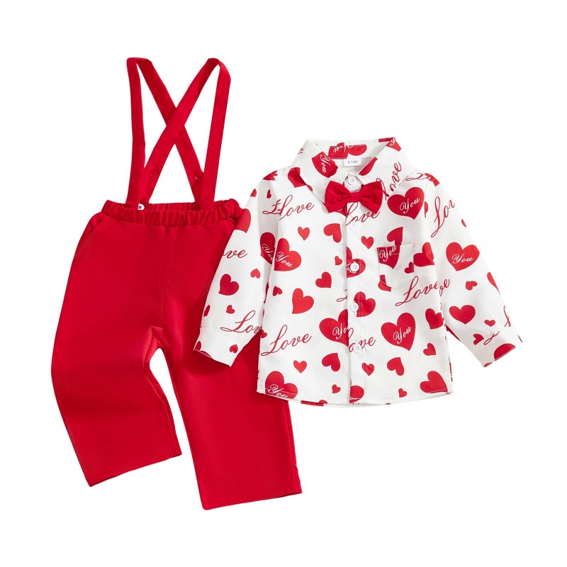 Rourufy Toddler Baby Boy Valentines Outfit Boys Gentleman Heart Shirt Overalls Pants Set Kids Cute Spring Summer Clothes (B Heart White, 4-5T) - Image 1
