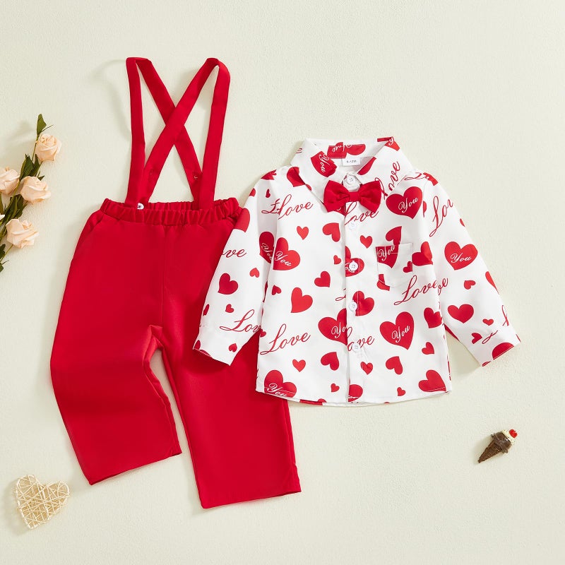Rourufy Toddler Baby Boy Valentines Outfit Boys Gentleman Heart Shirt Overalls Pants Set Kids Cute Spring Summer Clothes (B Heart White, 4-5T) - Image 5