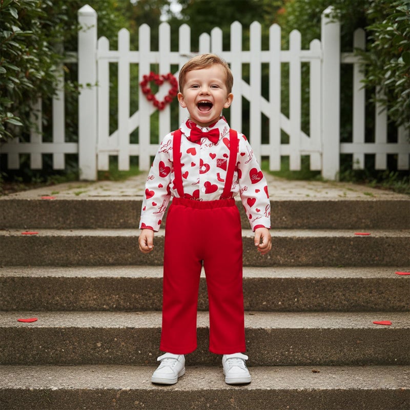 Rourufy Toddler Baby Boy Valentines Outfit Boys Gentleman Heart Shirt Overalls Pants Set Kids Cute Spring Summer Clothes (B Heart White, 4-5T) - Image 3